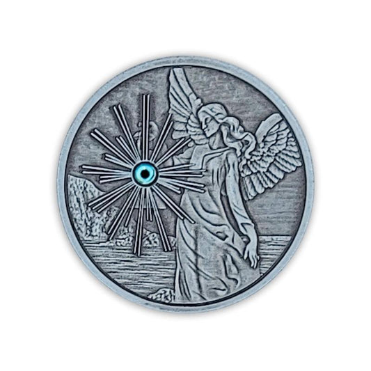 Pewter Guardian Angel With Aqua Gemstone - The Token Shop