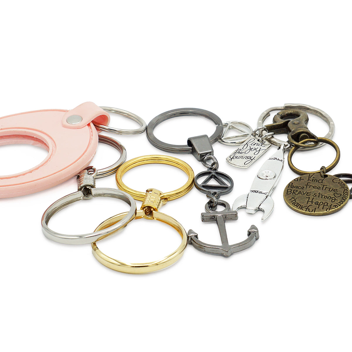 assorted AA and coin holder keychains