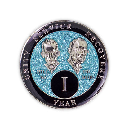 Blue Glitter Founders Triplate AA Chips - 1 Year - front