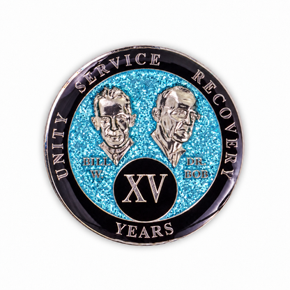 Blue Glitter Founders Triplate AA Chips - 15 Years - front