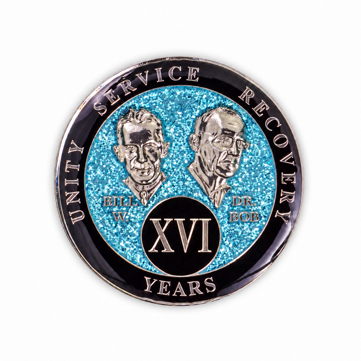 Blue Glitter Founders Triplate AA Chips - 16 Years - front