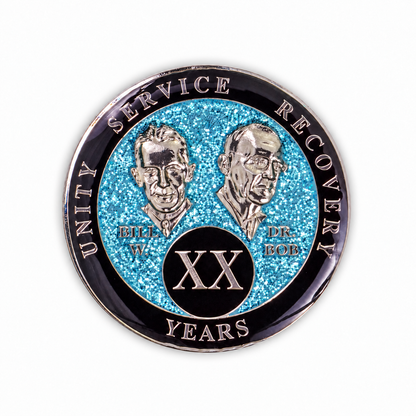 Blue Glitter Founders Triplate AA Chips - 20 Years - front