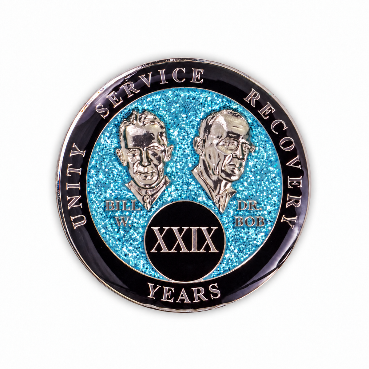Blue Glitter Founders Triplate AA Chips - 29 Years - front