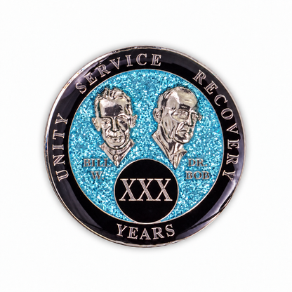 Blue Glitter Founders Triplate AA Chips - 30 Years - front