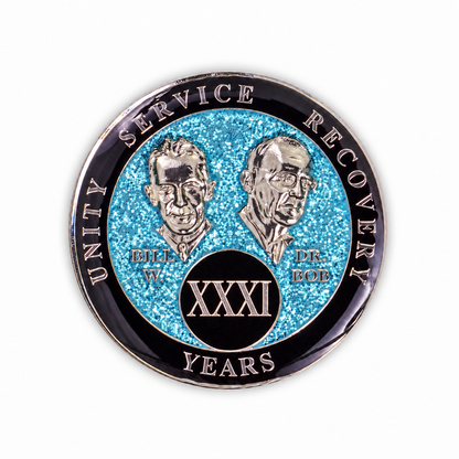 Blue Glitter Founders Triplate AA Chips - 31 Years - front