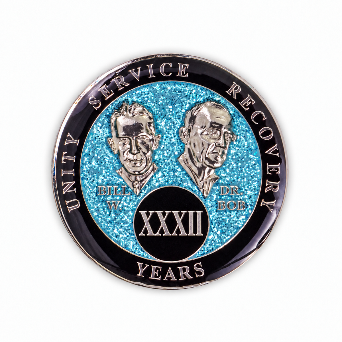 Blue Glitter Founders Triplate AA Chips - 32 Years - front