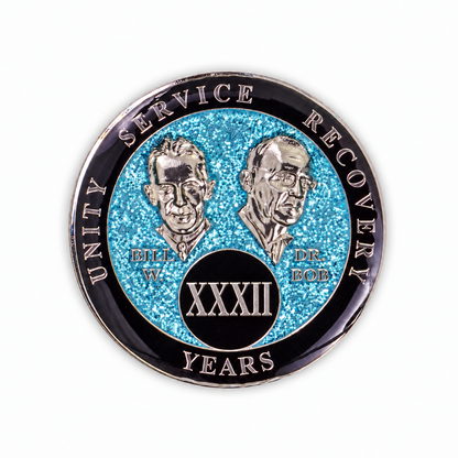 Blue Glitter Founders Triplate AA Chips - 32 Years - front