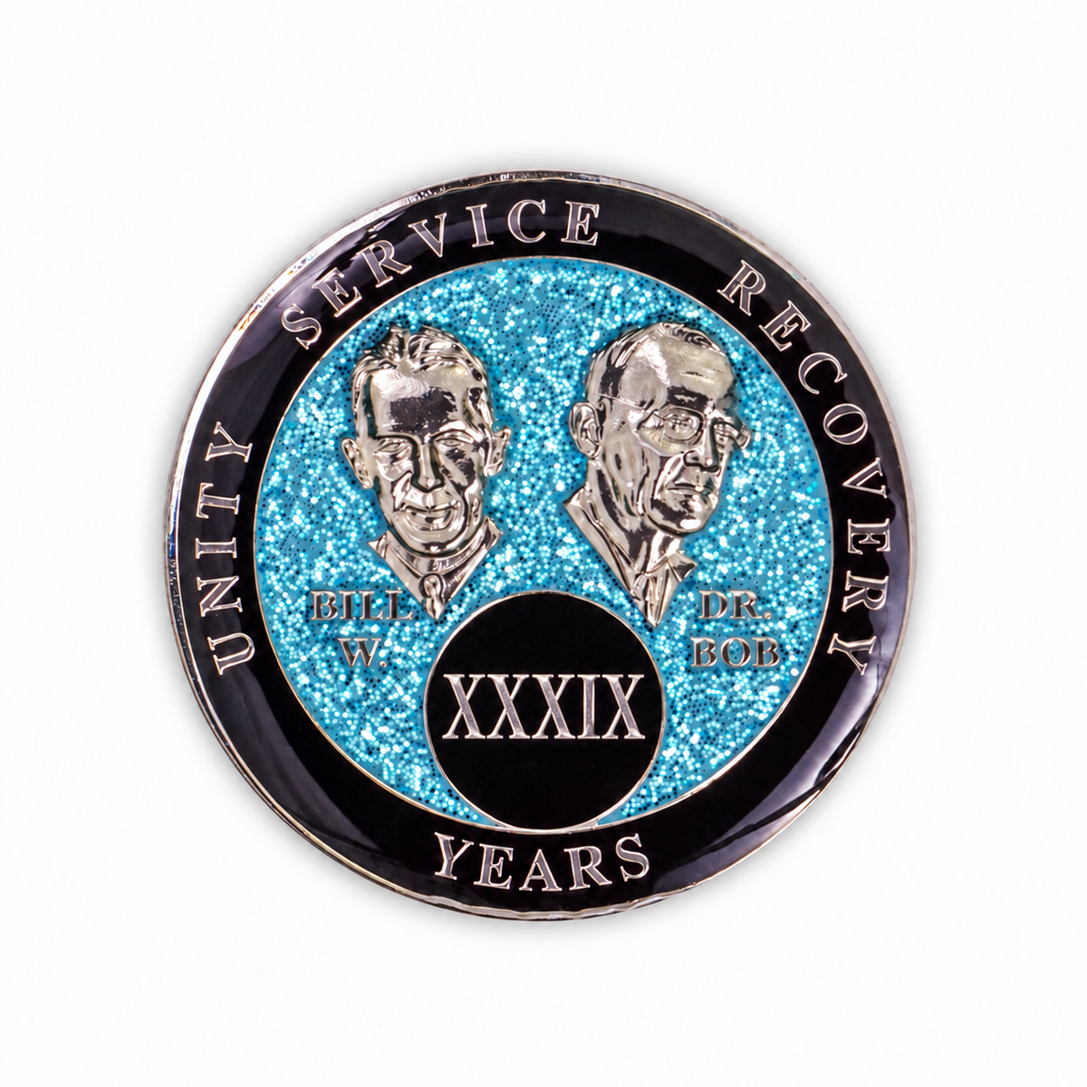 Blue Glitter Founders Triplate AA Chips - 39 Years - front