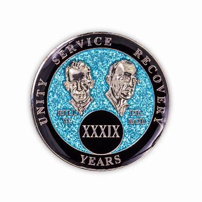 Blue Glitter Founders Triplate AA Chips - 39 Years - front