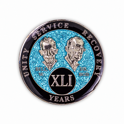 Blue Glitter Founders Triplate AA Chips - 41 Years - front